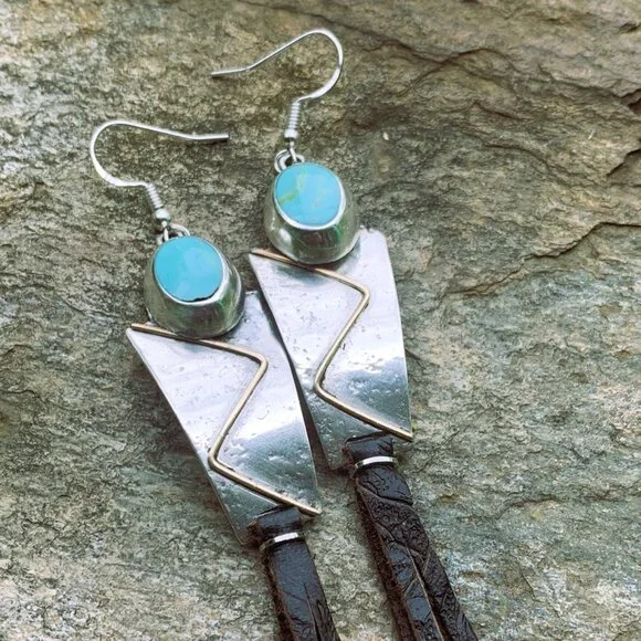 OOAK Sterling Silver/Gold Filled Panels/Oval Turquoise/Leather Tassel Earrings - Picture 4 of 7